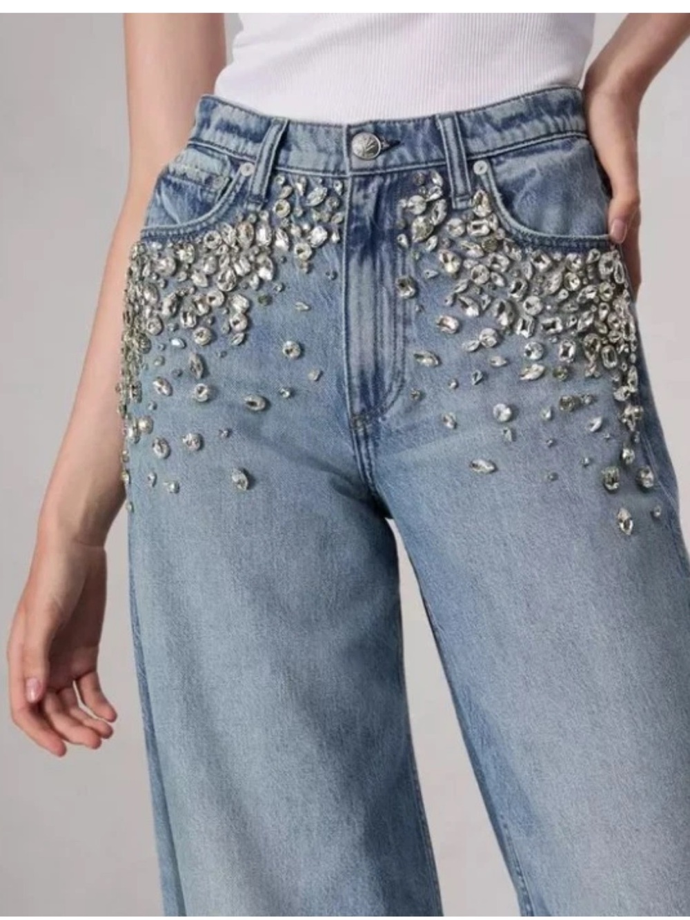 Torn by Ronny Kobo Light Blue Embellished Wide-Leg Jeans